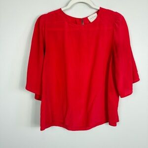 Sezane Silk Red Top Womens 40 Bell Sleeve Crewneck Keyhole Open Back Flowy Shirt